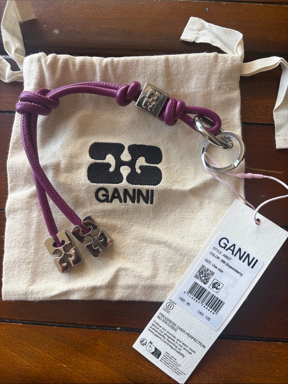 Ganni Purple Leather Charm Keyring with Silver Hardware and dust bag